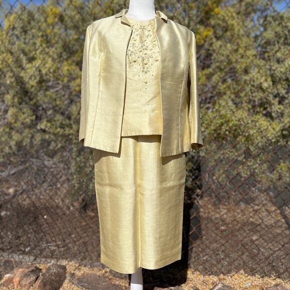 Vintage 60s 3-Piece Slubbed Silk Suit Embellished w/ Rhinestones, Pearls, Sz 14 - Picture 5 of 16